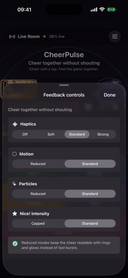 CheerPulse example feedback controls screen