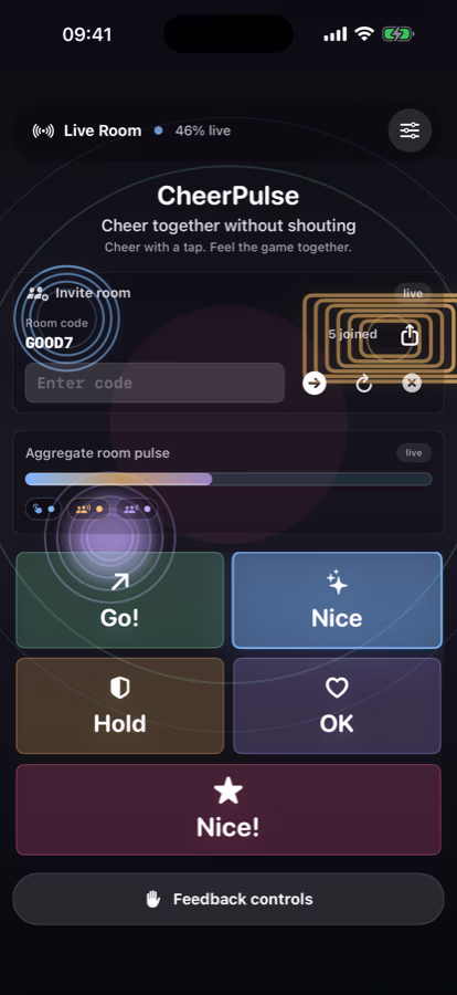 CheerPulse example screen with five cheer controls and a room pulse